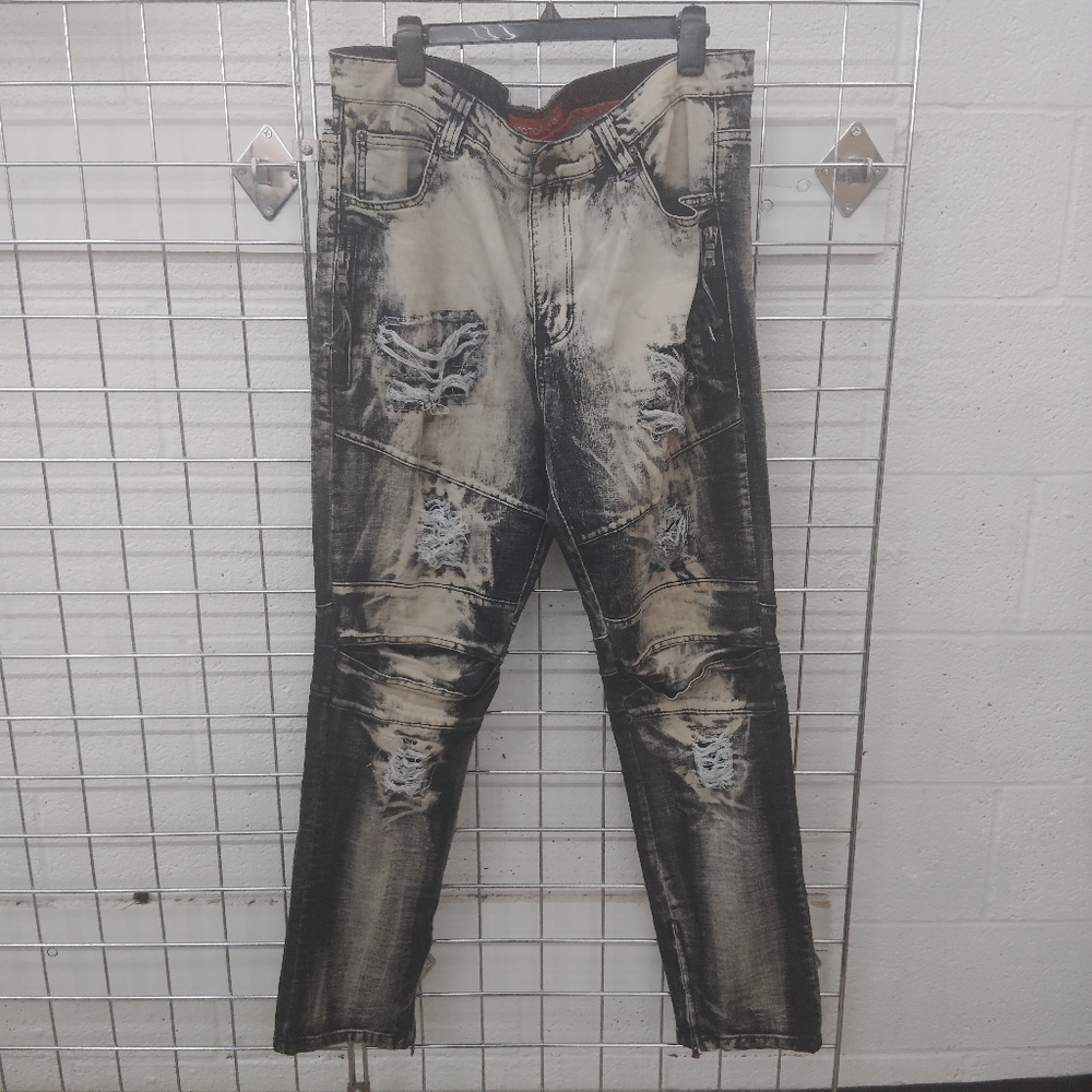 VICTORIOUS Men's Distressed Gray Biker Jeans Size 38 x 32 - Picture 2 of 11